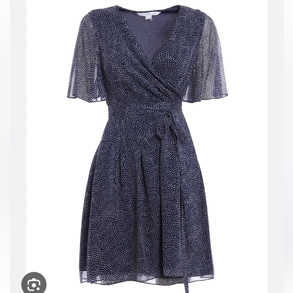DVF Katina Wrap Dress in Silk Navy Polka Dot with Sheer Flutter Sleeves Sz 12